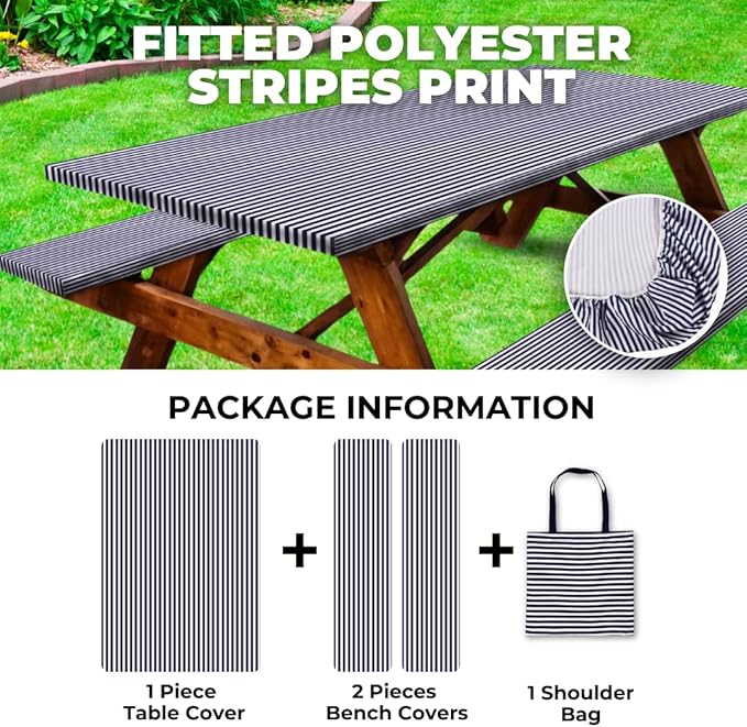 RNOONY 8ft Polyester Picnic Table Cover with Bench Covers Windproof & Waterproof Tablecloth, Perfect Camping Gifts, RV Essentials, Cool Camping Gadgets, Carrying Bag, 96x30 Inches 4Pcs Blue Stripes