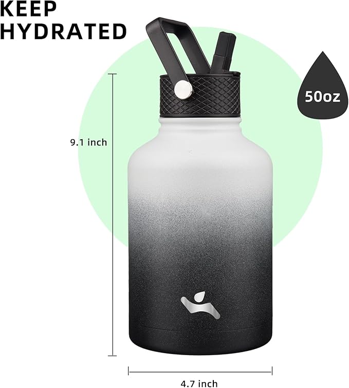 Konokyo Insulated Water Bottle with Straw,50 oz 3 Lids Water Jug with Carrying Bag,Paracord Handle,Double Wall Vacuum Stainless Steel Metal Flask,Day Night
