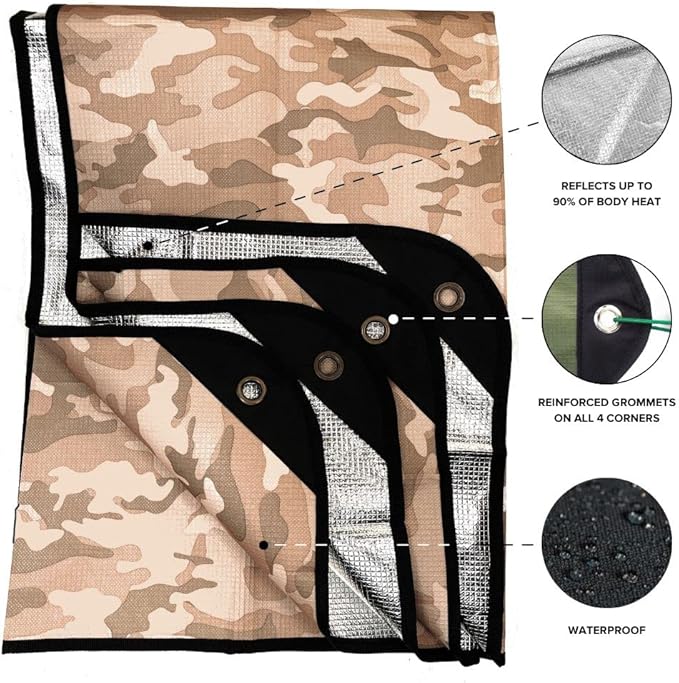 Arcturus All-Weather Outdoor Survival Blanket, Thermal Emergency Blanket, Reflective Heat Tarp with Grommets, Lightweight for Camping, Backpacking, Hiking & Emergency Car Kits, Desert Camo, 60x82in