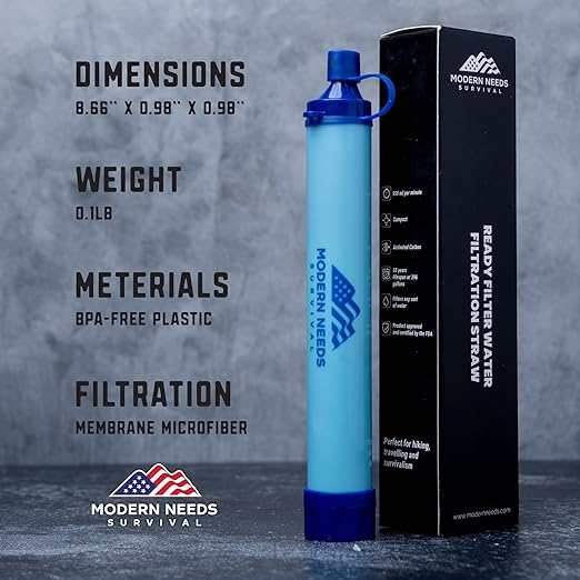 MODERN NEEDS Ready Filter Personal Water Filter Straw | Backpacking Water Filter for Hiking & Camping | Portable Water Purifier Camping | Emergency Survival Gear & Camping Survival Kit