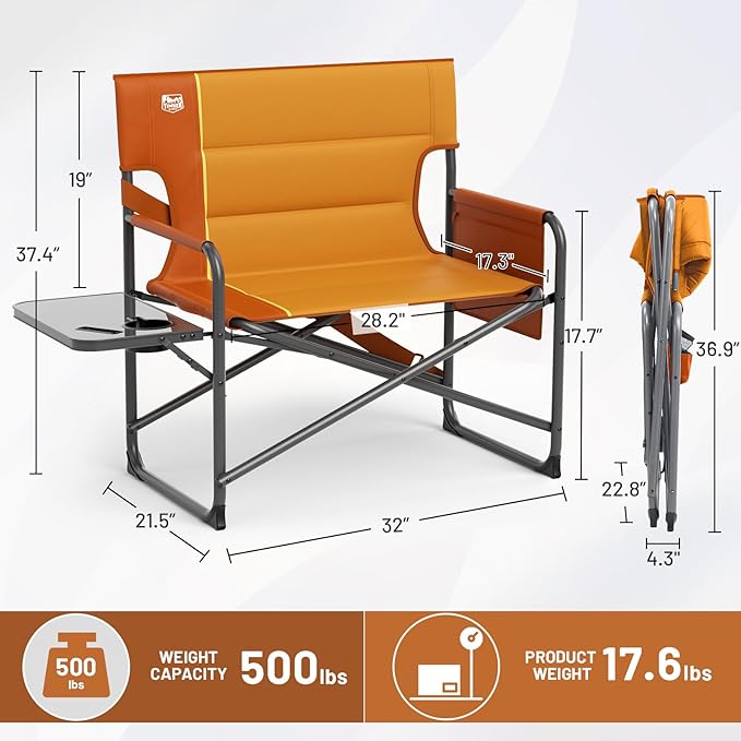 Timber Ridge XXL Director’s Chair – Heavy Duty Folding Camping Chair for Adults, 500lb Capacity, Extra Wide Padded Seat for Camping, Sports, Lawn, Courtyard, and Outdoor Use, Orange