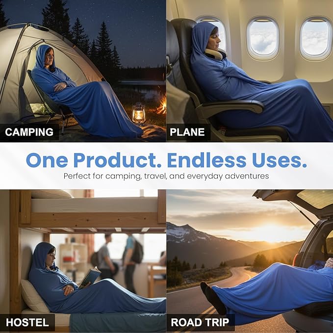 Sleeping Bag Liner for Camping – Ultralight Insulated Wearable Quilt 1 lb, Backpacking Blanket Sack with Hood