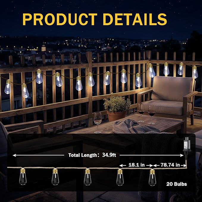 (New) Outdoor String Lights, 24FT Hemp Rope LED Patio Lights, Waterproof 8 Modes Plug-in Edison Bulb Lights for Backyard, Garden, Porch, Wedding, Christmas Decor