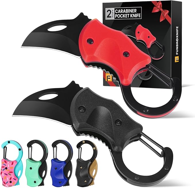 FUNBRO 2 Pack Small Pocket Knife Gifts for Men & Women, Folding Box Cutter, Birthday & Christmas Stocking Stuffers Gifts Idea for Wife Husband Dad Mom (Black & Red)