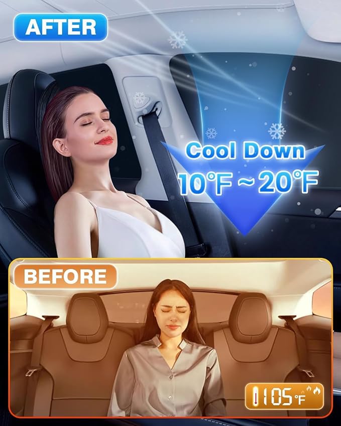New Upgraded Window Shades for Tesla Model Y 2020-2025 Sun Protection UV-Resistant Fabric All-Round Sunshade Convenient Rest Accessories for Model Y Windshield Side Rear Silver & Black Full Set 8PCS