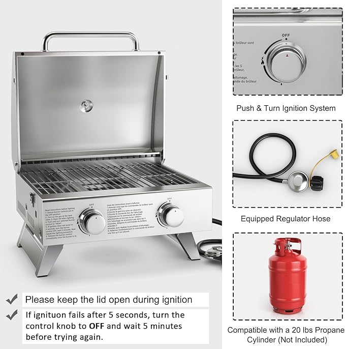 Giantex Portable Gas Grill with 2 Burner, Max. 20,000 BTU total, Folding Legs, Built-in Thermometer, Travel Locks, Stainless Steel Tabletop Propane Gas Grill for Camping Picnic Cookout RV BBQ