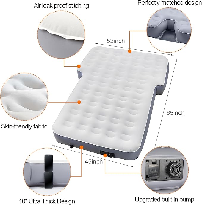 65''SUV Air Mattress Pad for SUV Trunk, 10 Inch Ultra-Thick Inflatable Car Mattress SUV, SUV Air Mattress Camping Bed with Built in Pump