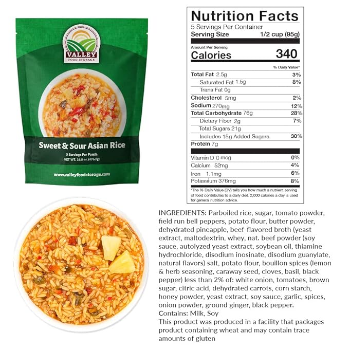 Valley Food Storage Sweet & Sour Asian Rice | 10-Bag Bucket, 50 Servings | Gluten Free Premium Emergency Food Supply, 25 Year Shelf Life | Survival Meal Kits, Prepper Food & Off-Grid Living Supplies