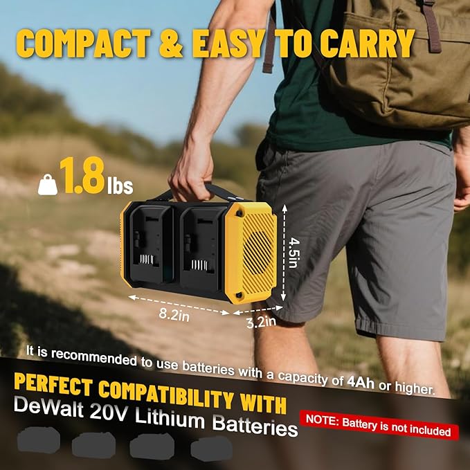 Azocek 350W Power Inverter Pure Sine Wave Compatible with Dewalt 20V Battery (No Battery), 7A Fast Charger, Portable Power Station with 2 AC Outlets, 2 Type-C (140W/65W), 2 QC USB Ports, 600LM LED
