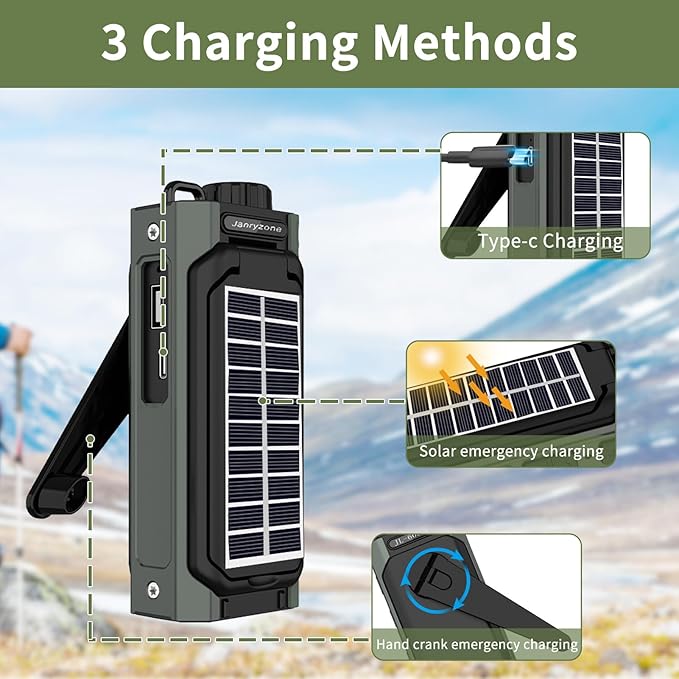 NOAA/AM/FM Weather Radio with Flashlight，Solar Hand Crank Radio,USB Type-C Charging, Cellphone Charger, SOS Alarm,Compass for Indoor Outdoor Emergencies
