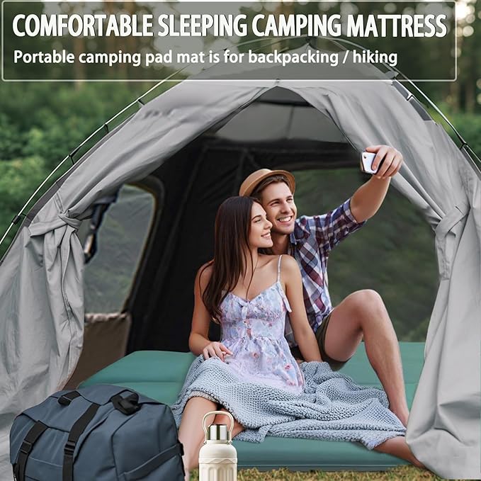 LINKET Self Inflating Sleeping Pad: Sleeping Pad with Electric Pump 3.14" Ultra-Thick Memory Foam & Built-in Pillow All Season Camping Mattress for Tent Travel Car - Self Inflating Air Mattress Green