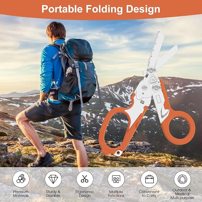 6-in-1 trauma shears - emergency responders, outdoor emergencies, medical staff, and outdoor camping, Gift box packaging with scissors storage K sheaths (Orange)