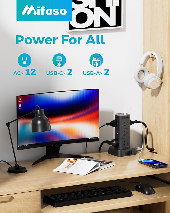 Surge Protector Power Strip Tower, Flat Plug, 6Ft Extension Cord with Multiple Outlets, 12 Outlets 4 USB Ports, Overload Protection for Office Desk Supplies, Dorm Essentials