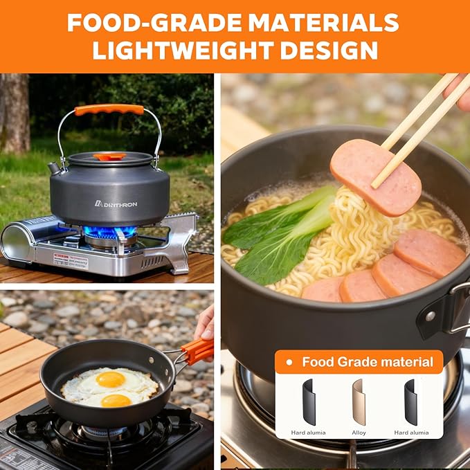 Camping Cookware Set Silicone Handle 10-Piece Lightweight Backpacking Pots and Pans Set, Compact Nesting Camping Cooking Set with Folding Handle for Hiking Family Camping & Outdoor Picnic