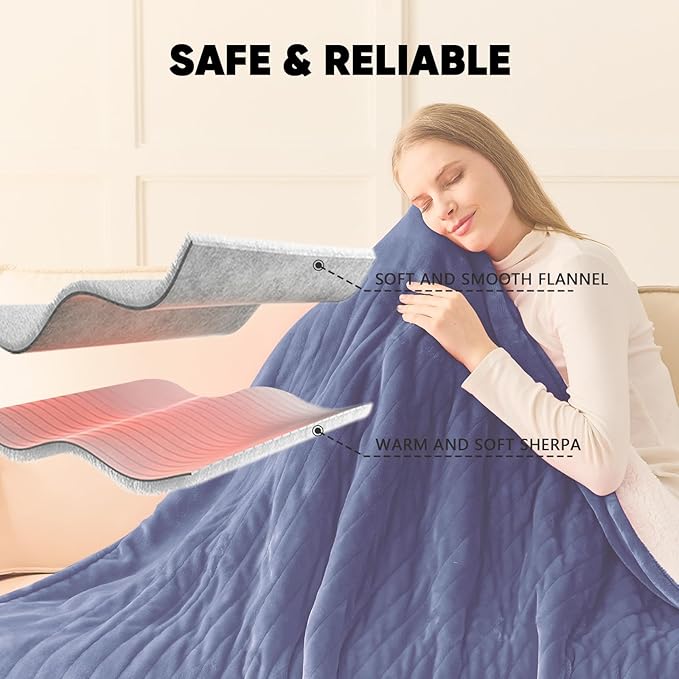 greenoak Heated Blanket Electric Twin 62"X84", Heating Blanket with 10 Heat Levels 1/2/4/6/8 Hours Auto-Off, Soft Flannel Sherpa Warm Heater Christmas Blanket, Sea Blue