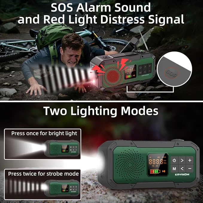 NOAA Weather Radio AM/FM,Portable 7400mWh/2000mAh Rechargeable Battery Operated with USB-C/Hand Crank/Solar Charging,Bluetooth Connectivity,Light,SOS Alarm,Ideal for Camping,Hurricane and Storm