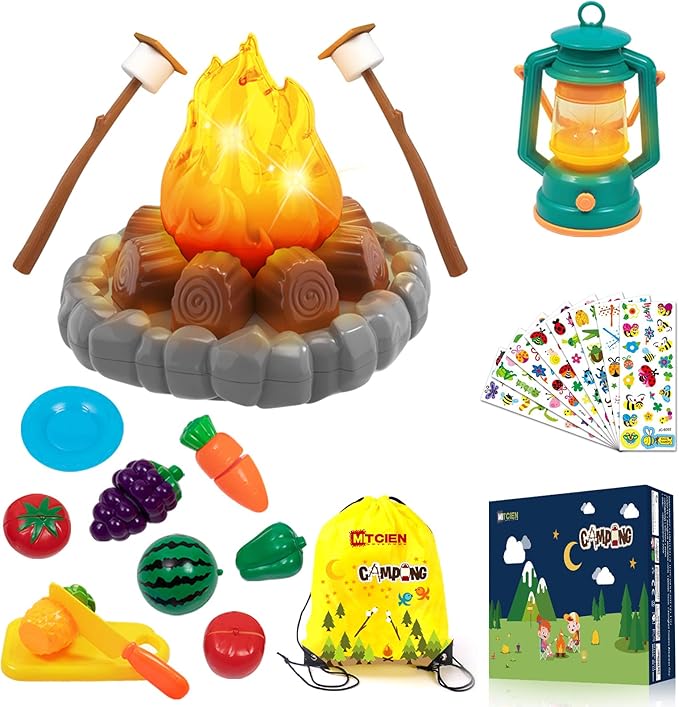 MITCIEN Camping Toys Play Set, Pretend Campfire, Play Food for Kids with Oil Lantern, Pretend Fruits Vegetables Cutting, S'Mores, Indoor Outdoor Toys for Toddler
