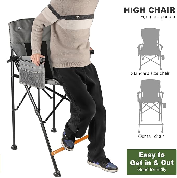 LANMONTAIN Extra Tall Folding Camping Chairs,30.7'' Seat Height Portable Hard Arm Bar Chairs w/Cup Holder,Side Mesh Pocket and Footrest,Heavy Duty Support 350 Lbs Comfy Director Chairs,Black&Grey