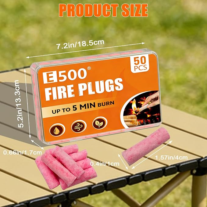 E500 Fire Plugs Waterproof Fire Starter, 50 Count, Weatherproof Fire Starters for Campfires, Survival Kits, Emergency Use, Grills & Fireplaces