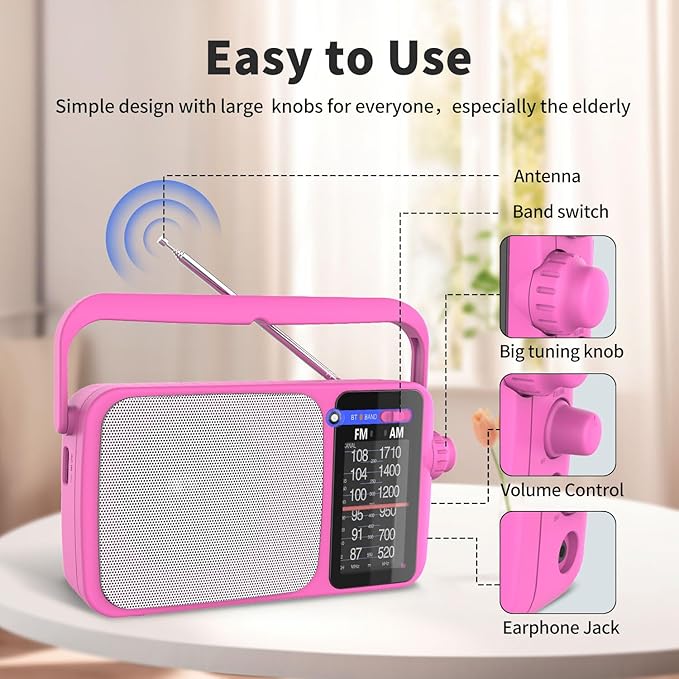 YOWGULF AM FM Radio with Best Reception,Bluetooth Portable AM FM Transistor,Battery Operated Radio or AC Power,Large Dial,Headphone Jack, Gifts for Seniors Elderly