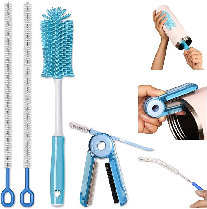 4 Pack Water Bottle Cleaner Brush Set - Silicone Bottle Brush 12.6" Heavy Duty Straw Cleaner Brush, 4 in 1 Multipurpose Cup Cleaner Kit