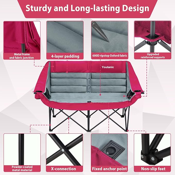 Youtanic Oversized Double Camping Chair, Folding Loveseat Camping Couch with Pocket, Cup Holder and Carry Bag, Heavy Duty Portable Camping Chairs for Adults, Fishing, Sports, Trip, up to 660lbs, Red