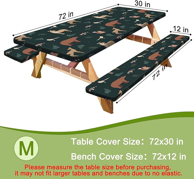 Picnic Table Cover with Bench Covers Portable Table Cloth Built-in Storage Pocket Fitted Tablecloth with Elastic Edges Waterproof Camping Essentials for Indoor Outdoor Rv,72in,Dark Green