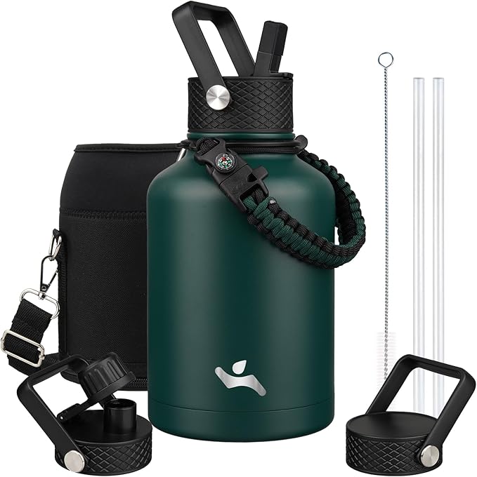 Konokyo Insulated Water Bottle with Straw,50 oz 3 Lids Water Jug with Carrying Bag,Paracord Handle,Double Wall Vacuum Stainless Steel Metal Flask,Dark Green