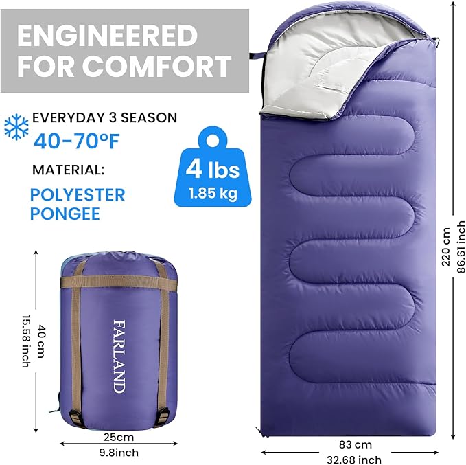 FARLAND Sleeping Bags for Adults Teens Kids with Compression Sack Portable and Lightweight for 3-4 Season Camping, Hiking,Waterproof, Backpacking and Outdoors