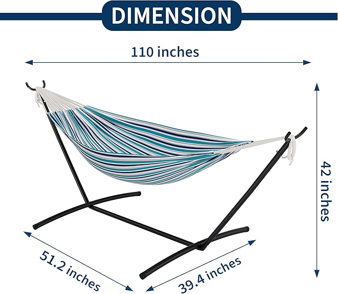 Double Hammock with Steel Stand - 2 Person Hammock Bed Indoor Outdoor, Brazilian-Style, with Carry Bag, 450lb Capacity, Portable & Easy Assembly, Ocean