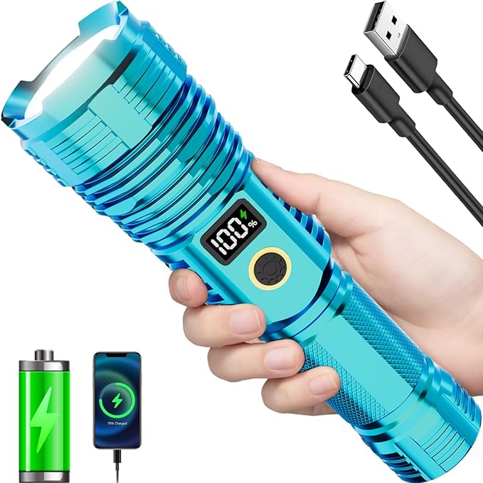 Flashlights High Lumens Rechargeable, 100,000LM LED Super Bright Flash Light, Zoomable Linternas with LCD Digital Display, 5 Mode, Waterproof, Powerful Tactical Flashlight for Emergencies Camping Gift