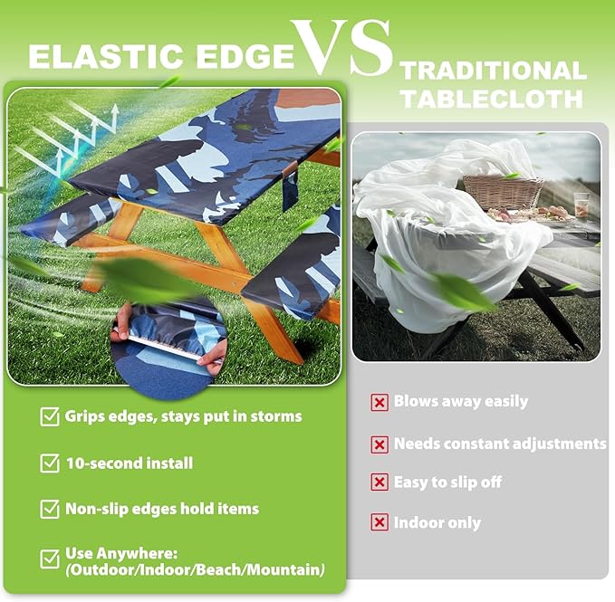 Fitted Picnic Table Cover with Bench Covers Waterproof Elastic Edges Rectangle Patio Tablecloth Outdoor Camping Essentials Stuff Rv Accessories Summer Trip Travel Supplies Party Camper Gifts, 8 ft