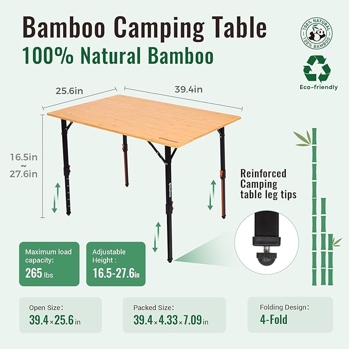 KingCamp 4-Fold Bamboo Camping Table with Serrated Adjustable Legs (16.5" to 27.6"), Heavy-Duty Aluminum Frame & Carry Bag for Outdoor, RV, Picnic, Beach