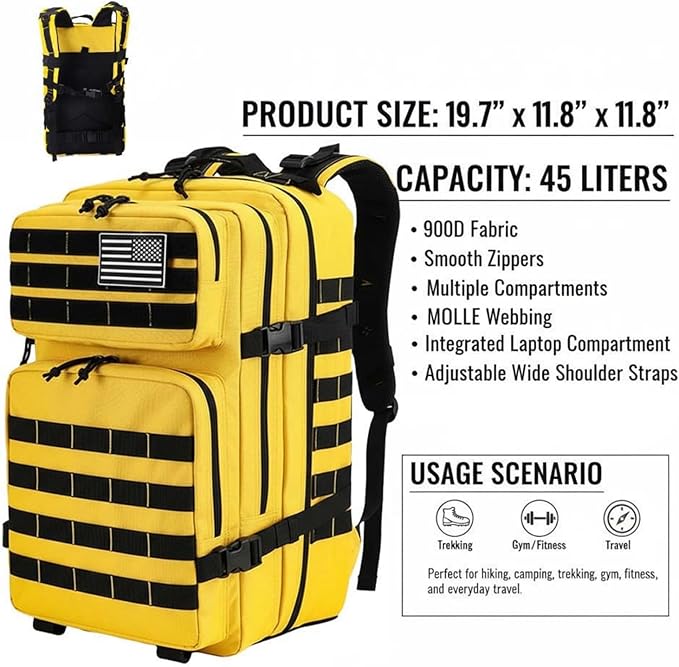 45L Military Tactical Backpack for Men & Women Bug Out Bag Assault pack Molle Daypack Hiking Trekking Rucksack(Yellow)