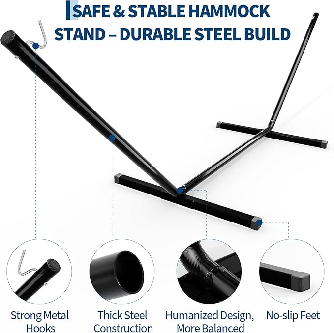Garvee 12 FT Hammock Stand with Hooks and Chains, Portable 2 Person Heavy Duty Steel Hammocks Stand for Outside, Patio, Backyard, 450 Pounds Capacity, Black
