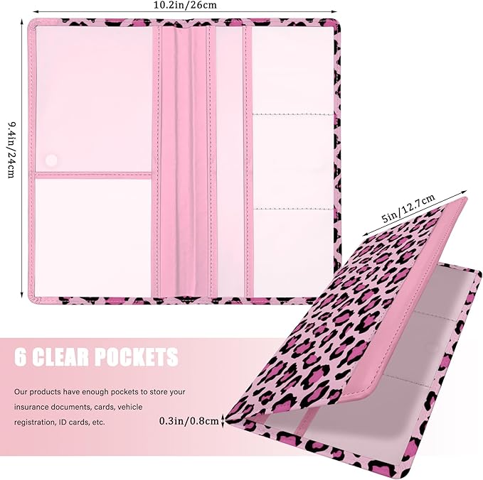 Car Registration and Insurance Holder, with Magnetic Closure for License, Cards and Documents, All Vehicle Needs and Car Accessories (Leopard-Pink)