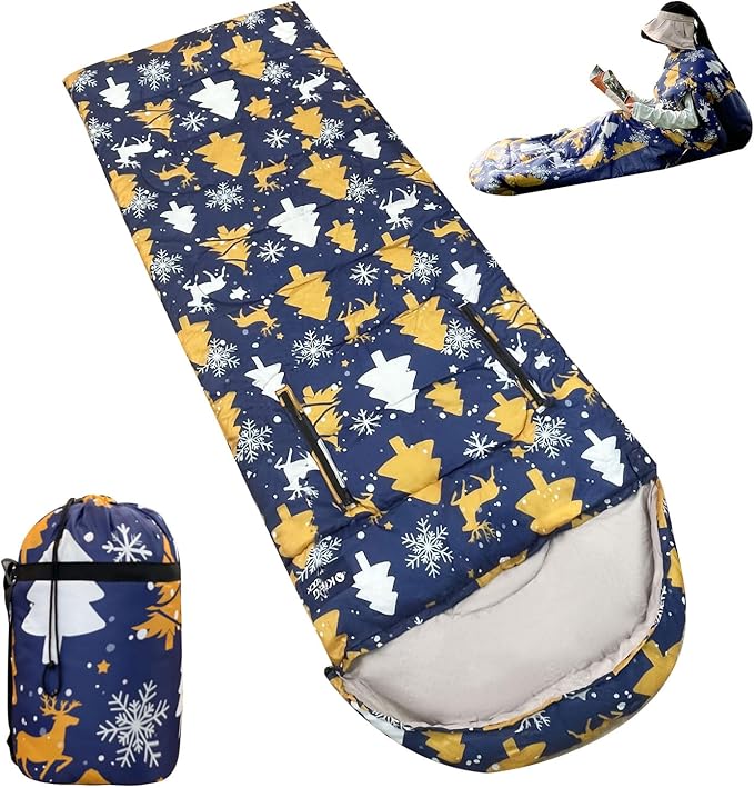 KINGROCK Christmas Sleeping Bag for Adults, Backpacking Sleeping Bag – Walkable with Arm Zippers, Waterproof and Warm to 23°F, Compact for Camping, Stadiums and Travel (Color: Christmas)