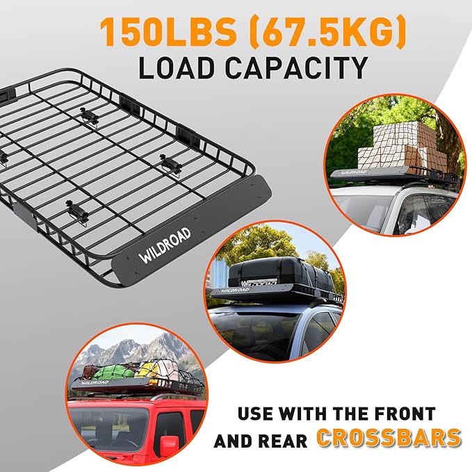 Wildroad Roof Rack Cargo Basket, Upgraded 4” Fence Car Roof Basket with Extension, 64"x 39"x 4" Universal Car Top Luggage Holder Carrier Basket Fits for SUV Truck Cars