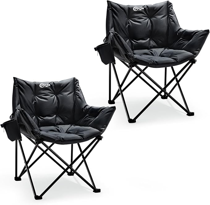 Portal 33" Oversized 2 Pack Padded Camping Chair - Heavy Duty Folding Chair with Cup Holder & Side Pocket, Supports 350 lbs, for Camping, Lawn, Sports, Black
