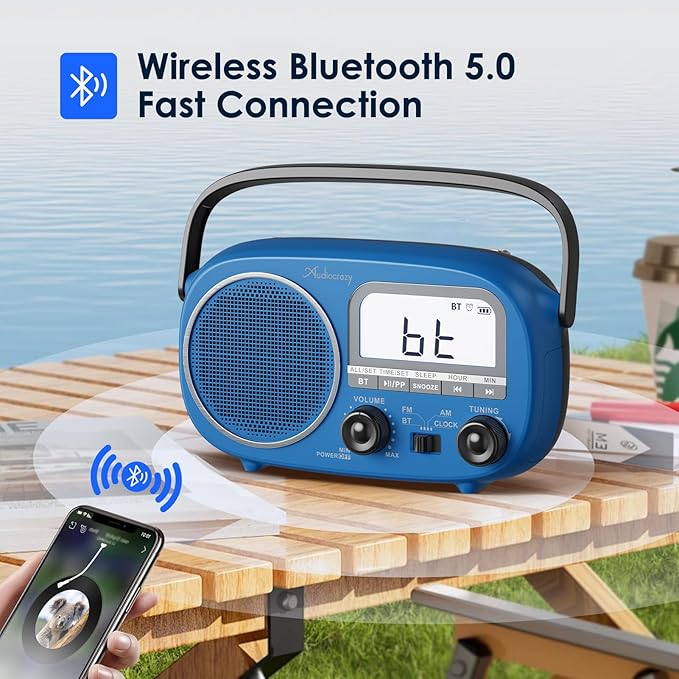 Portable AM FM Rechargeable Radio with Best Reception, Digital Time/Station Display,AC Power or Battery Power Radio with Bluetooth Speaker for Home/Kitchen/Outdoor (Cobalt Blue)