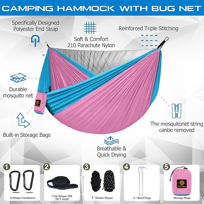 Kids Hammock, Camping Hammock with Mosquito Net, Lightweight Nylon Portable Hammock with 10ft Tree Straps,Hammocks for Travel Hiking Backpacking Beach Patio
