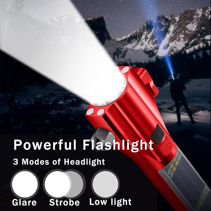 Car Glass Breaker Hammer with Flashlight, Multi-Function Rechargeable Emergency Escape tools with Window Breaker and Seatbelt Cutters,Bright Solar Torch， RescueAlarm Rescue, Strobe SOS Beacon