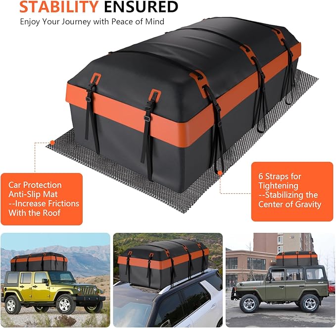 Car Rooftop Cargo Carrier Bag, 30 Cubic Feet Car Roof Cargo Carrier Bag Waterproof for All Vehicle with/Without Rack, Include Anti-Slip Mat, 2 Reinforced Straps, 6 Door Hooks and Luggage Lock