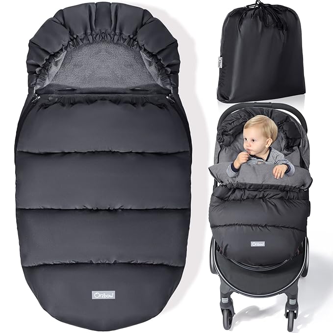 Orzbow Universal Stroller Footmuff, Winter Baby Stroller Bunting Bag, Warm Coral Fleece Stroller Sleeping Bag for Cold Weather, Waterproof & Windproof, Baby Winter Must Have, Black