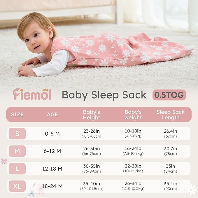 Baby Sleep Sack 6-12 months, 100% Cotton Sleeping Sack for Newborn and Infant, 3 Pack Baby Wearable Blanket, 0.5 Tog Lightweight Double Zipper Sleep Bag Medium Pink Butterfly Flower