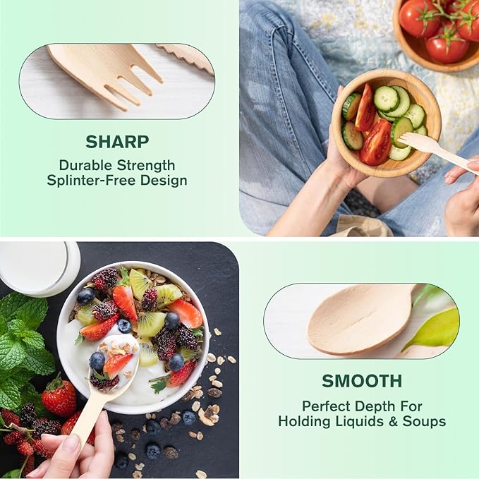400PCS Eco-Friendly Disposable Wooden Utensil Set – Compostable Biodegradable Wooden Cutlery Set (200 Forks, 100 Spoons, 100 Knives) for Parties, Camping, traveling & Family Dinners