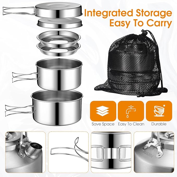 Funnymoom 15 Pcs Camping Cookware Mess Kit Outdoor Cooking Set Stainless Steel with Pot and Pan Kit 2 Set Stainless Steel Cups Plates Forks Knives Spoons for Camping Backpacking Cooking Picnic