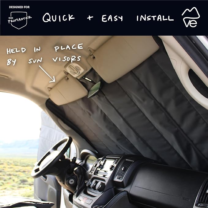 VanEssential Insulated Blackout Front Windshield Cover Designed for RAM Promaster Van Years 2014 to Current Model - Charcoal Gray