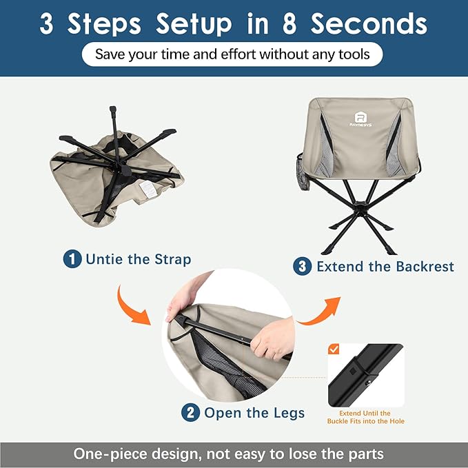 Raynesys Portable Camping Chair 2 Pack, 8 Seconds Quick Setup Folding Camping Chair, Flexible 360° Rotation, 3.8Lb Lightweight Travel Chairs for Easy Carry to Hiking, Sporting, Beach, Khaki