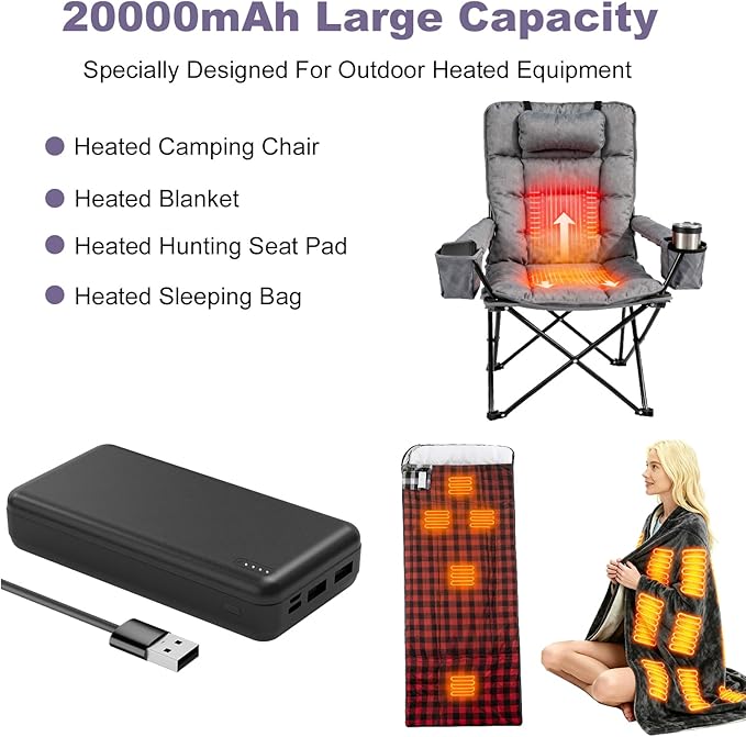 5V2A Battery Pack for Electric Heated Camping Chair, Heated Blanket, Hunting Seat Pad, Sleeping Bag USB Power Bank Camping Work Power (Black, Milliamp Hours, 10000)